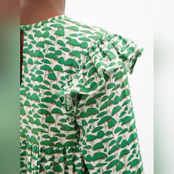 Muzungu Sisters Nora Ruffled Mushroom Print Linen Blouse Green Medium - Picture 5 of 12